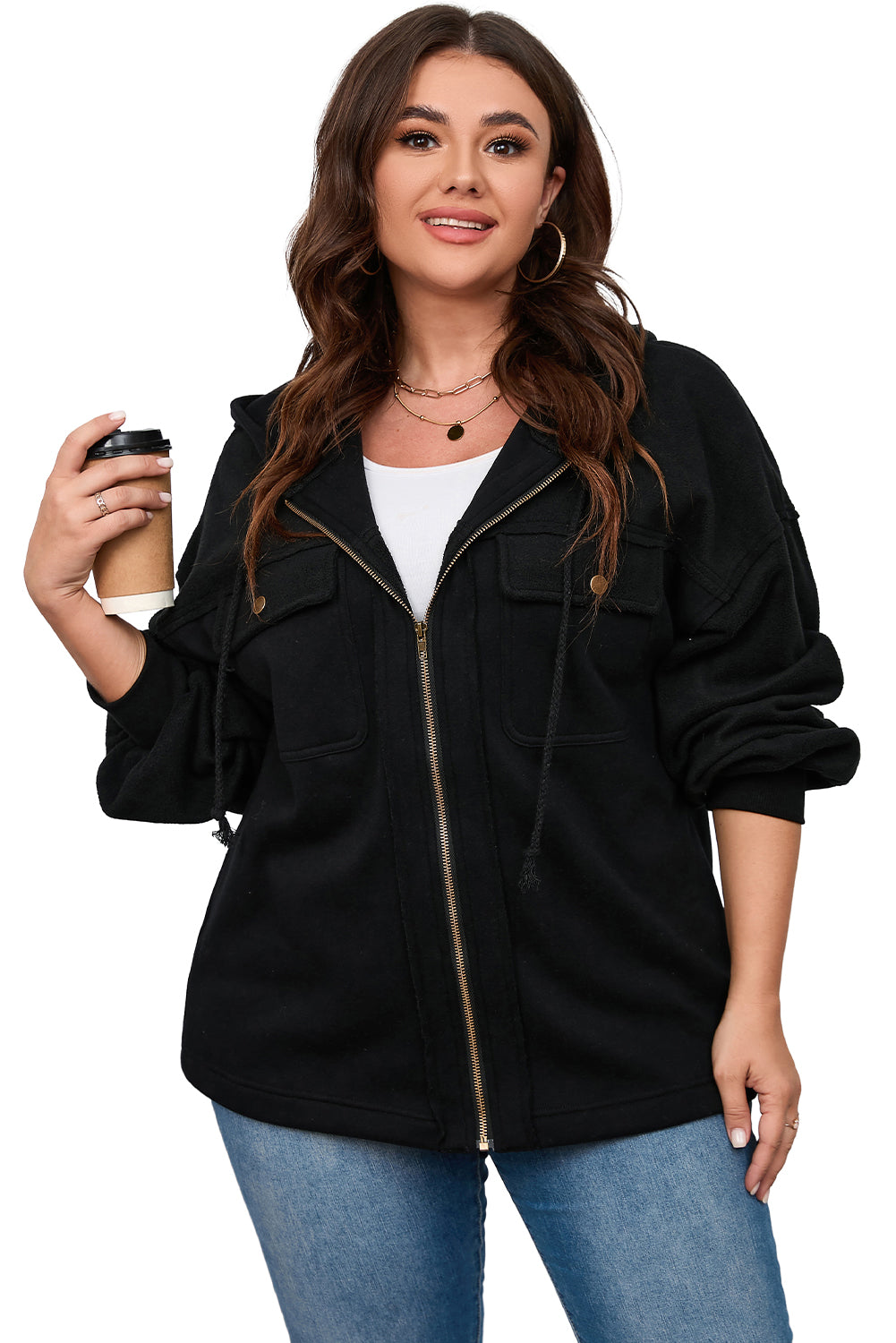 Boho Lane Australia Black Plus Size Bishop Sleeve Zip Up Hooded Jacket