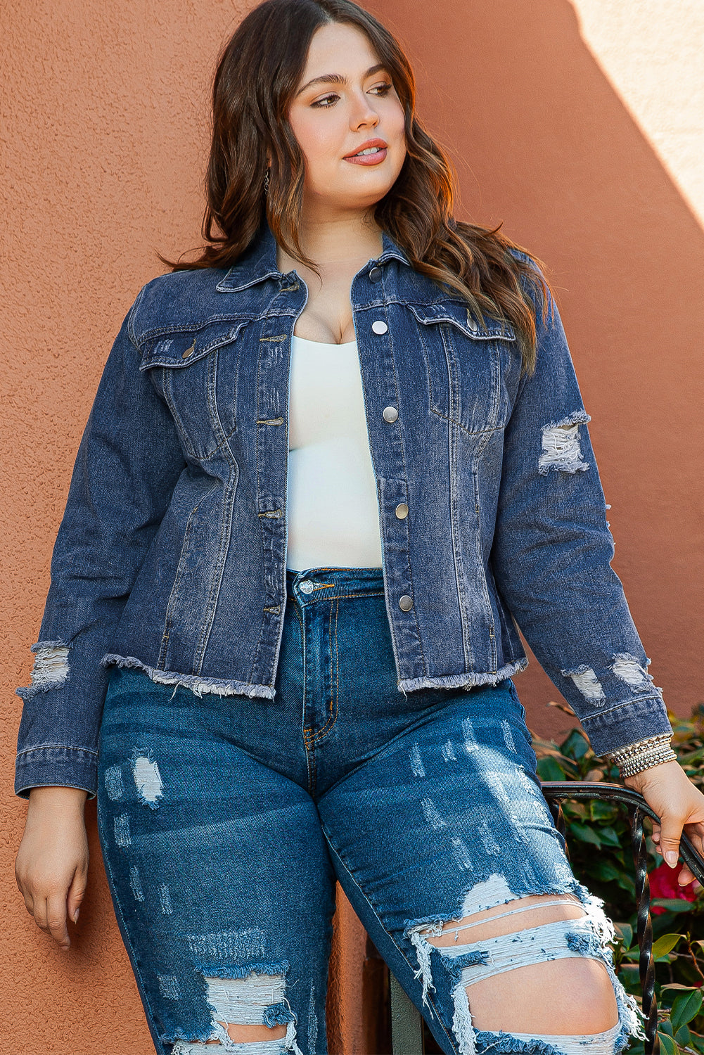 Boho Lane Australia Dark Blue Plus Size Distressed Flap Pocket Denim Jacket