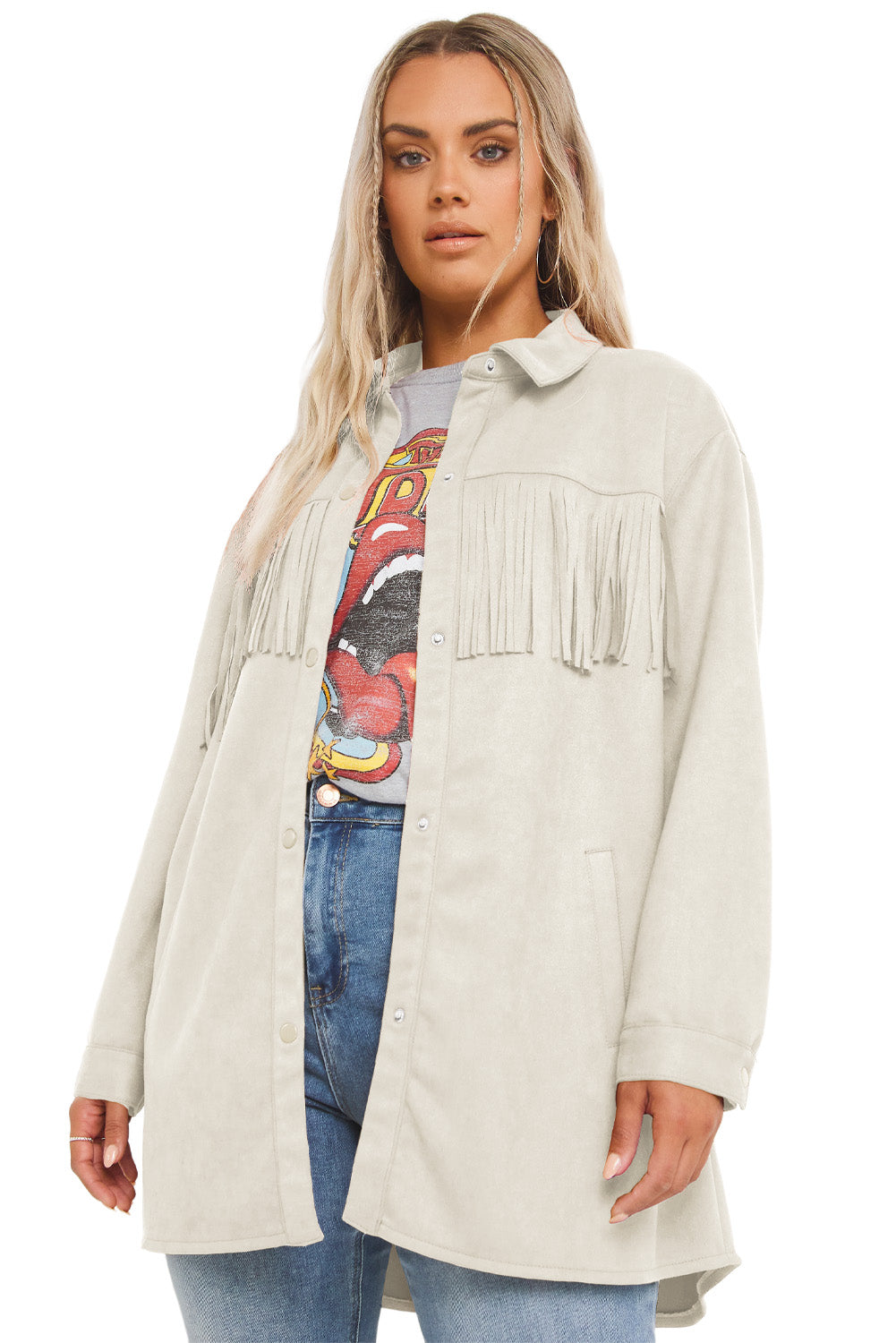 Boho Lane Australia White Fringe Trim Plus Size Suede Shacket