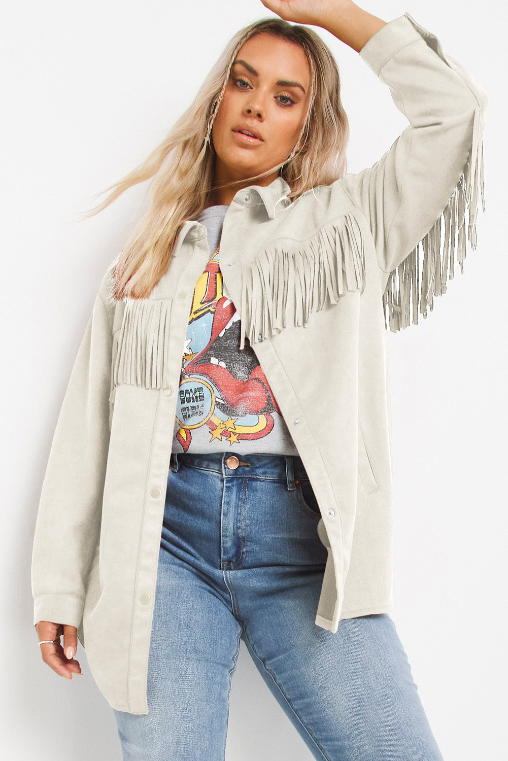 Boho Lane Australia White Fringe Trim Plus Size Suede Shacket