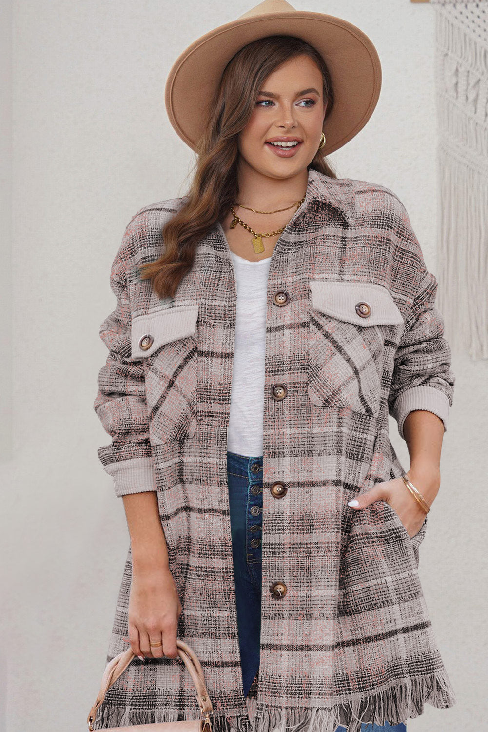 Boho Lane Australia Pink Plus Size Macrame Plaid Coat