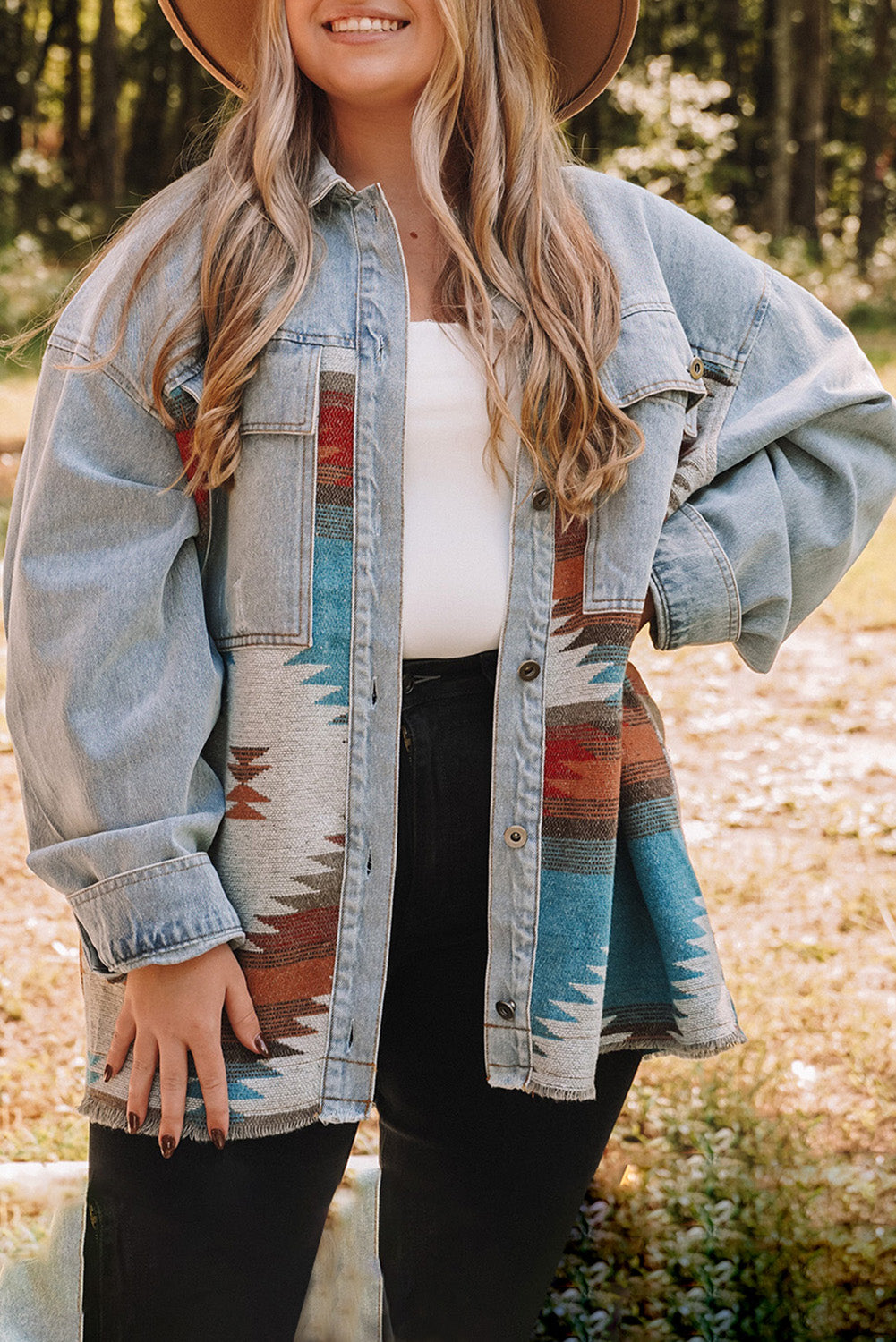 Boho Lane Australia Sky Blue Plus Size Denim Aztec Jacket