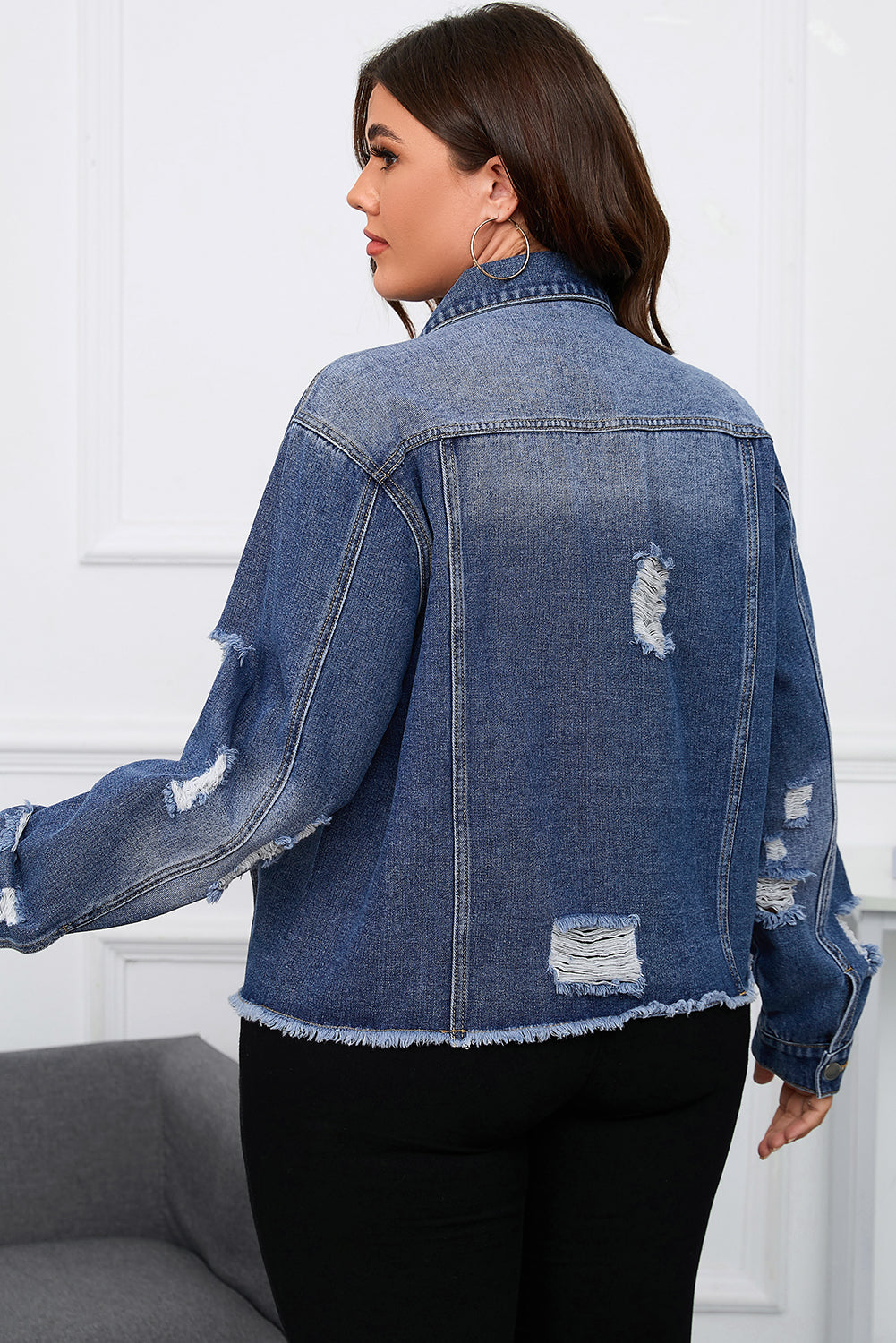 Boho Lane Australia Dark Blue Plus Size Distressed Flap Pocket Denim Jacket