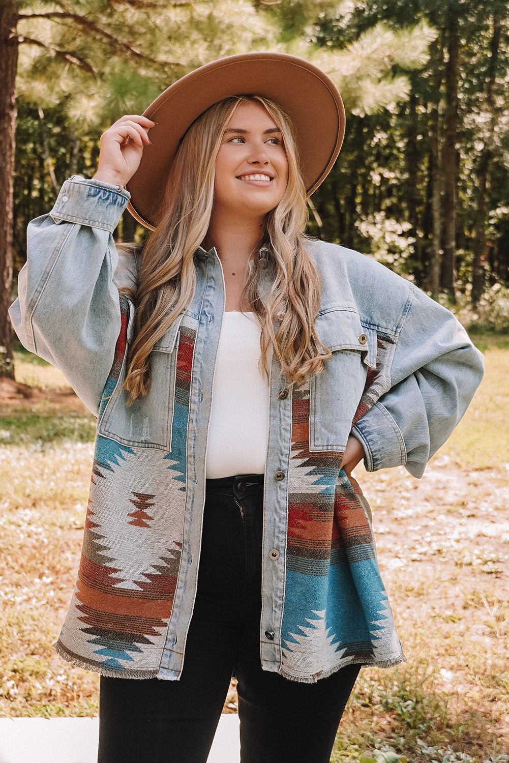 Boho Lane Australia Sky Blue Plus Size Denim Aztec Jacket