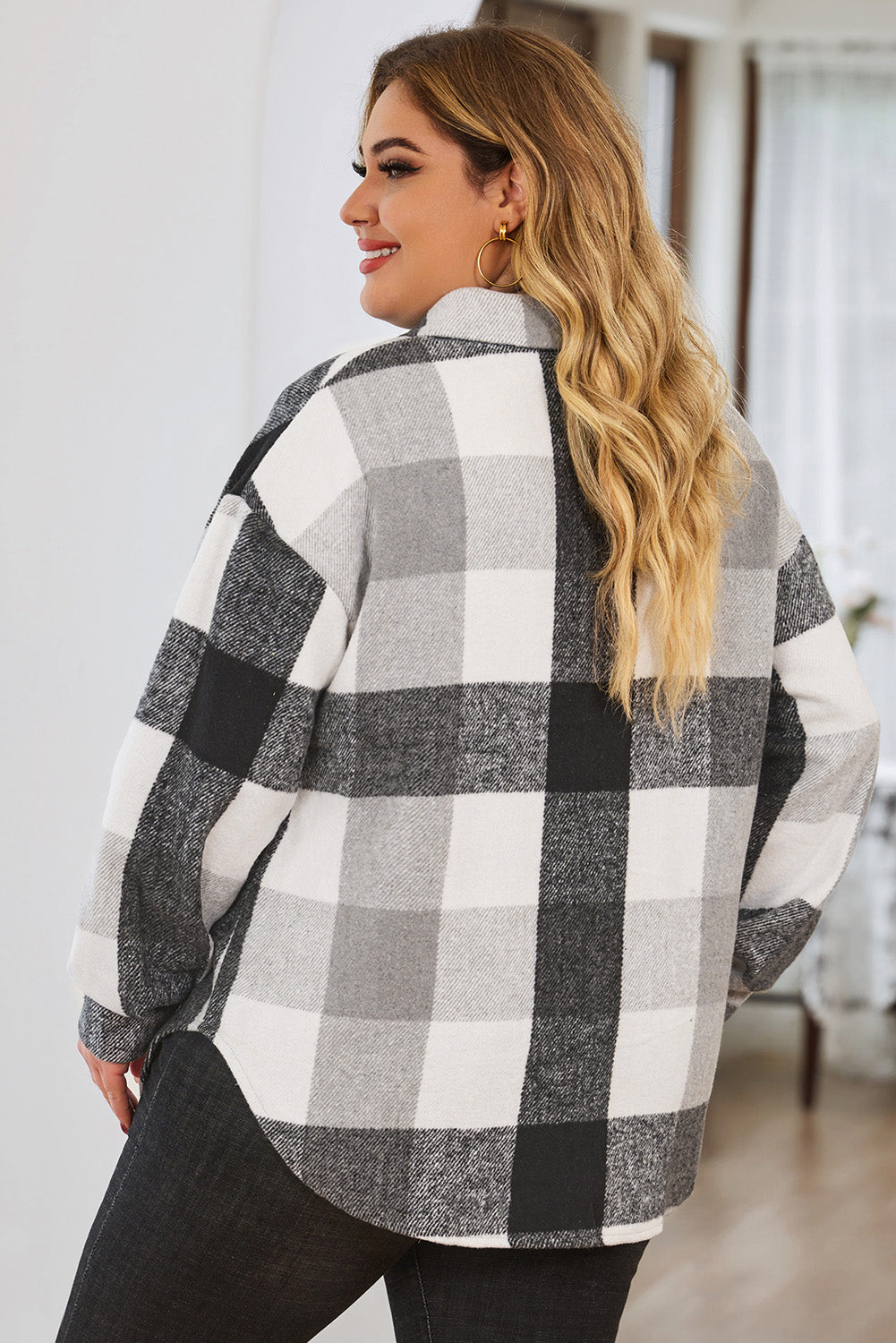 Boho Lane Australia Gray Plus Size Checkered Button-Up Shacket