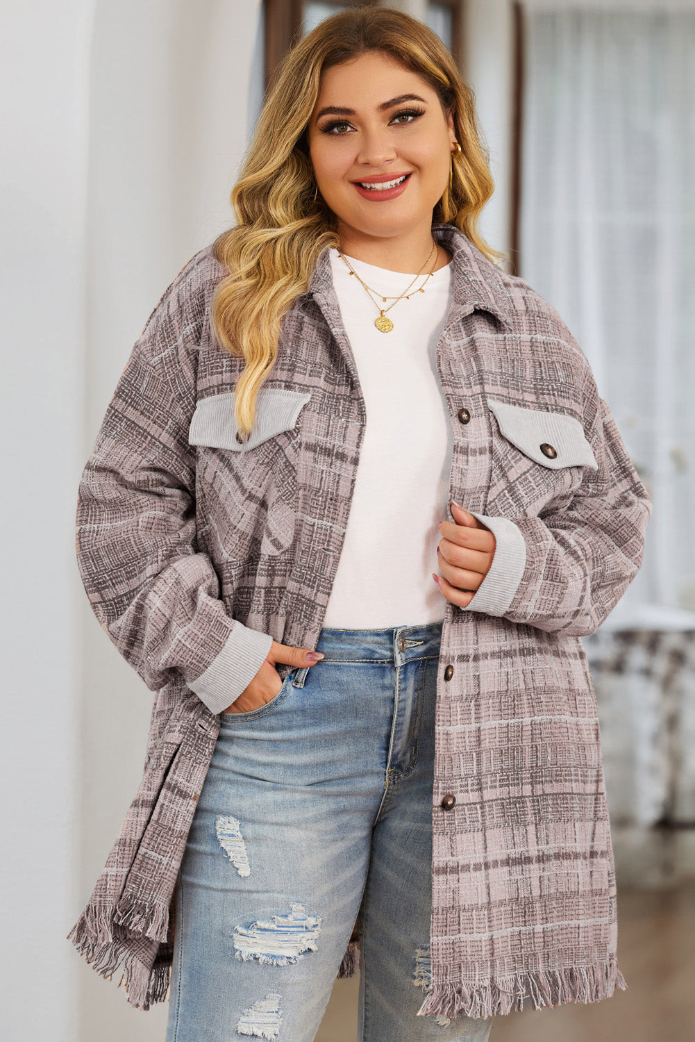 Boho Lane Australia Pink Plus Size Macrame Plaid Coat