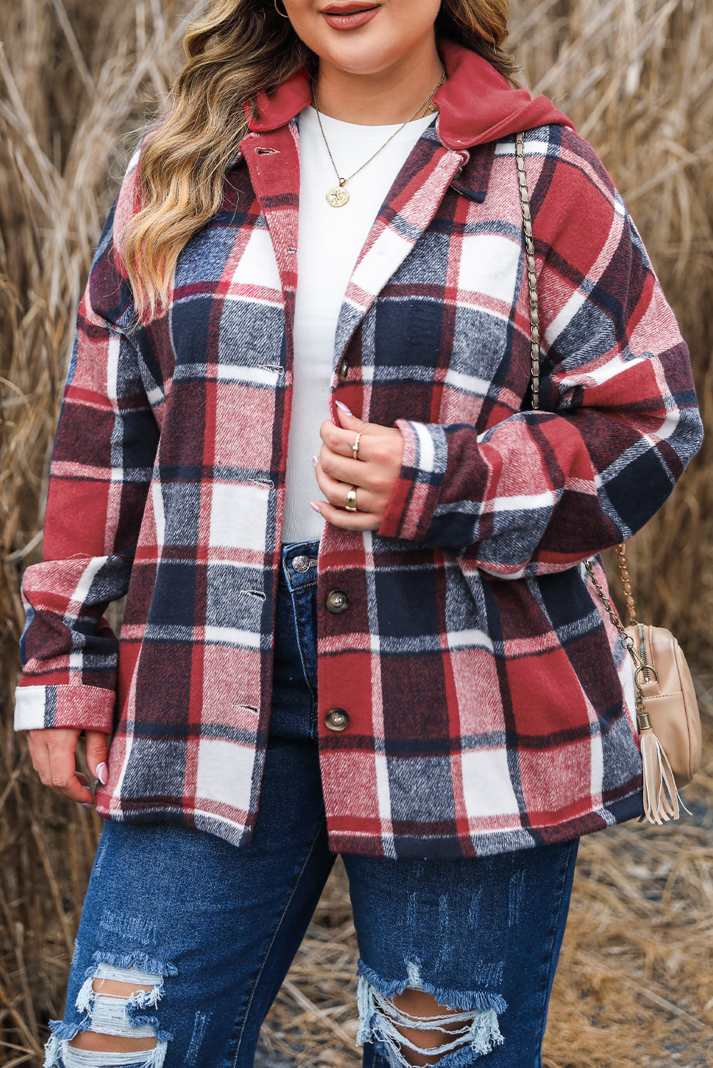 Boho Lane Australia Red Printed Plus Size Plaid Button up Hooded Jacket