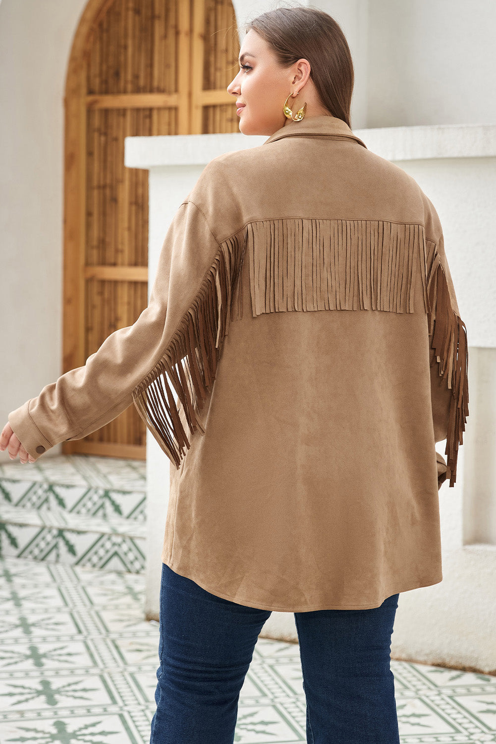 Boho Lane Australia Khaki Fringe Trim Plus Size Suede Shacket