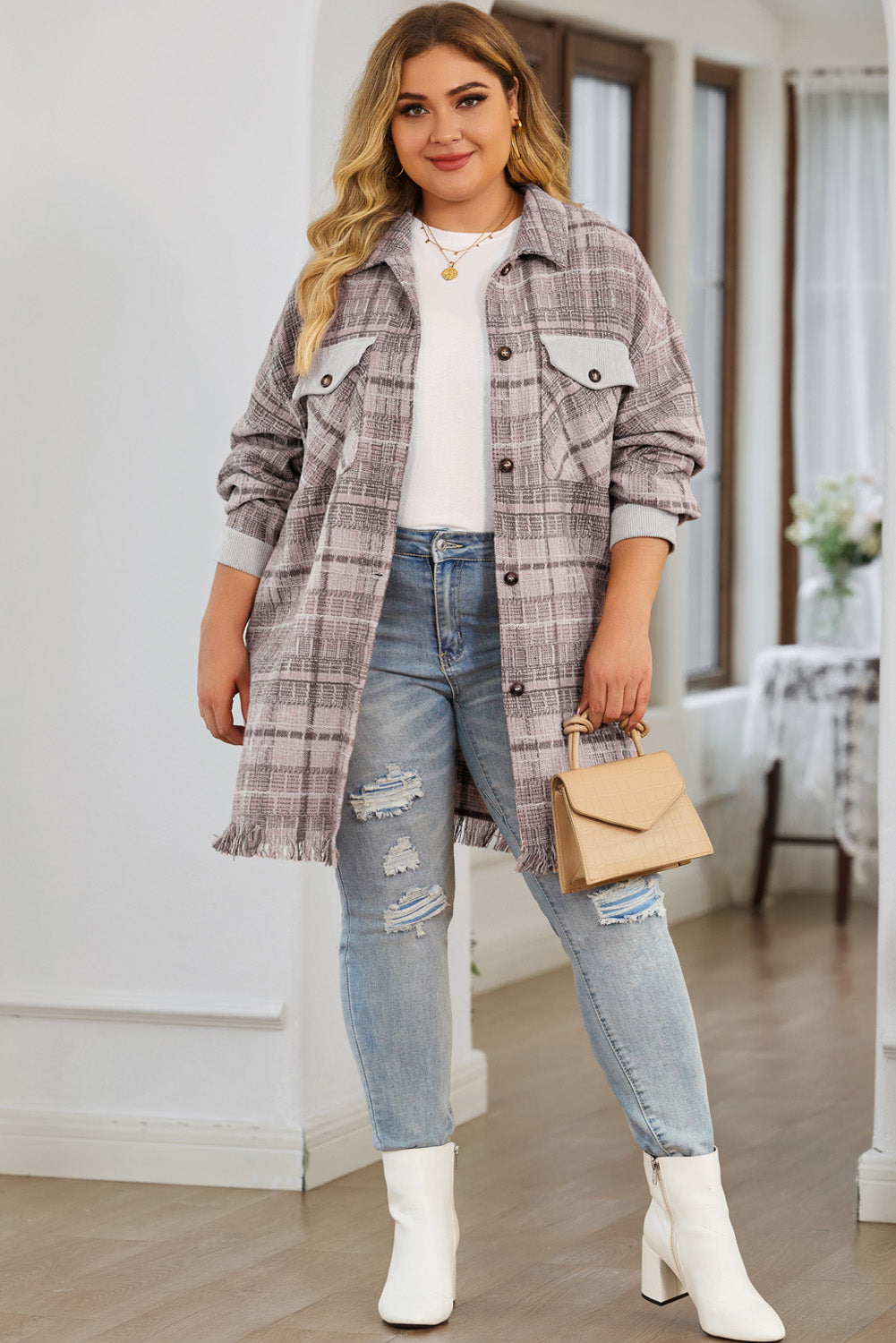 Boho Lane Australia Pink Plus Size Macrame Plaid Coat