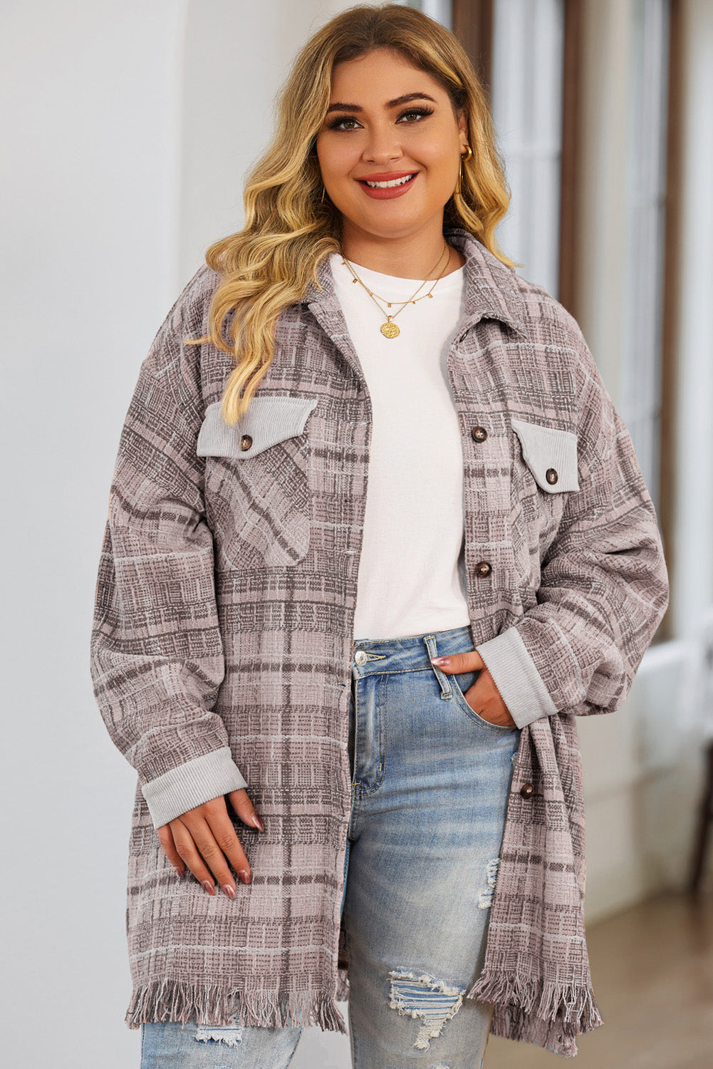 Boho Lane Australia Pink Plus Size Macrame Plaid Coat