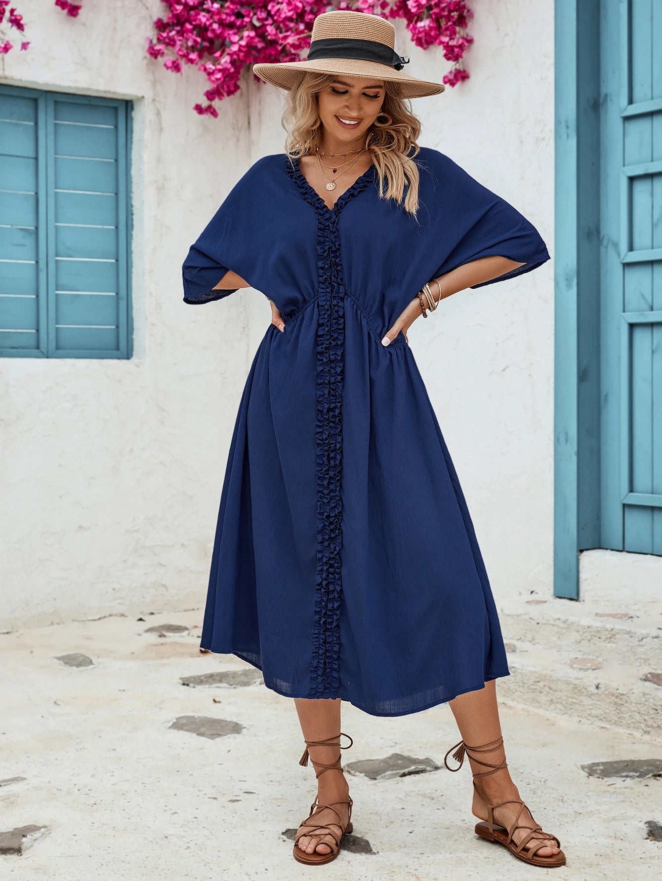 Azraq Font Lace V-neck Solid Blue Midi