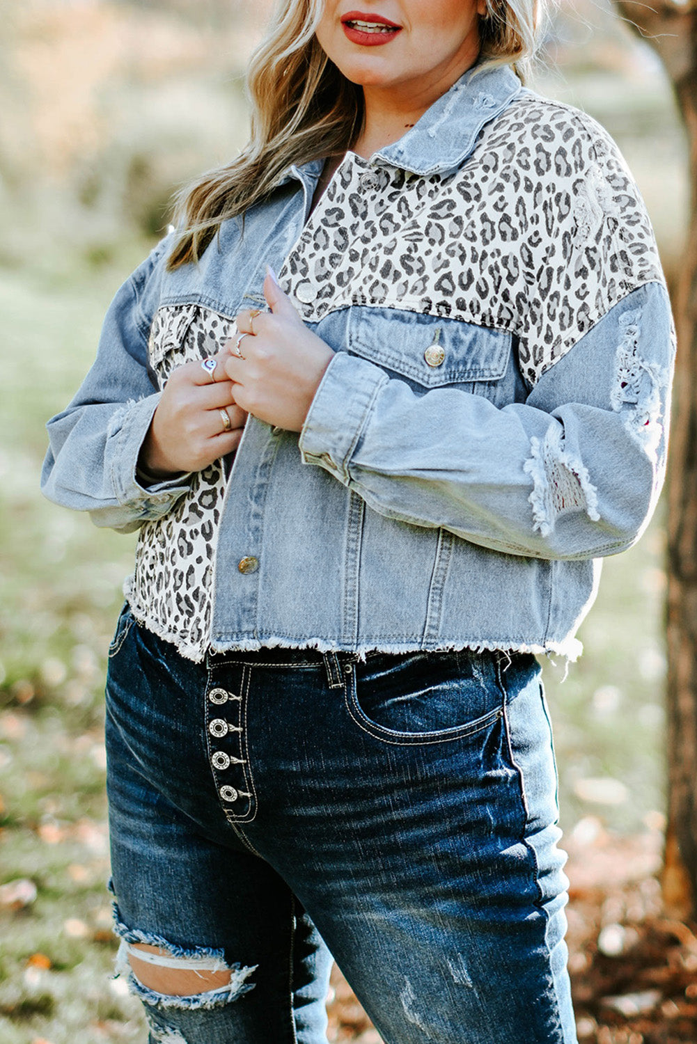 Boho Lane Australia Blue Plus Size Leopard Ripped Cropped Denim Jacket