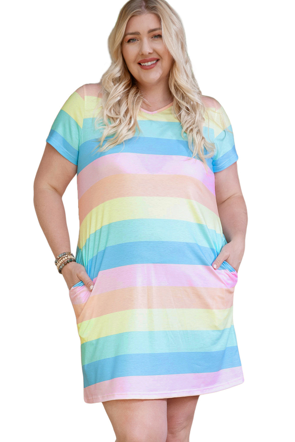 Boho Lane Australia Multicolor Colorblock Pocketed V Neck T-shirt Dress