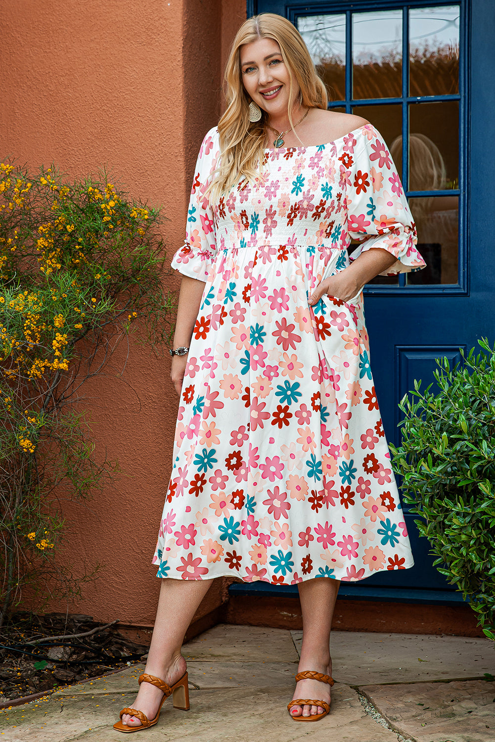 Boho Lane Australia White Plus Size Flower Print Smocked Off Shoulder Dress