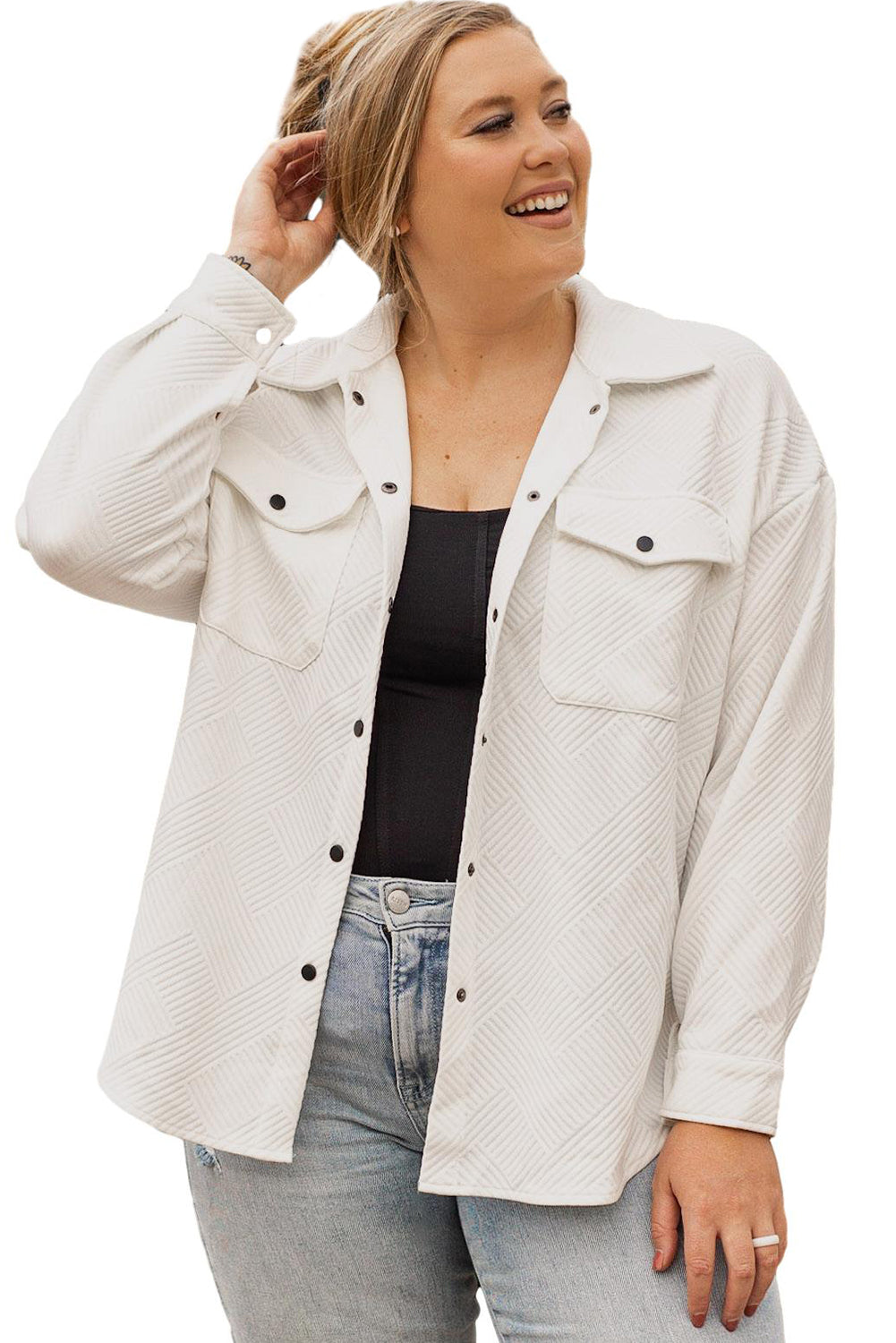 Boho Lane Australia Beige Plus Size Textured Flap Pockets Jacket