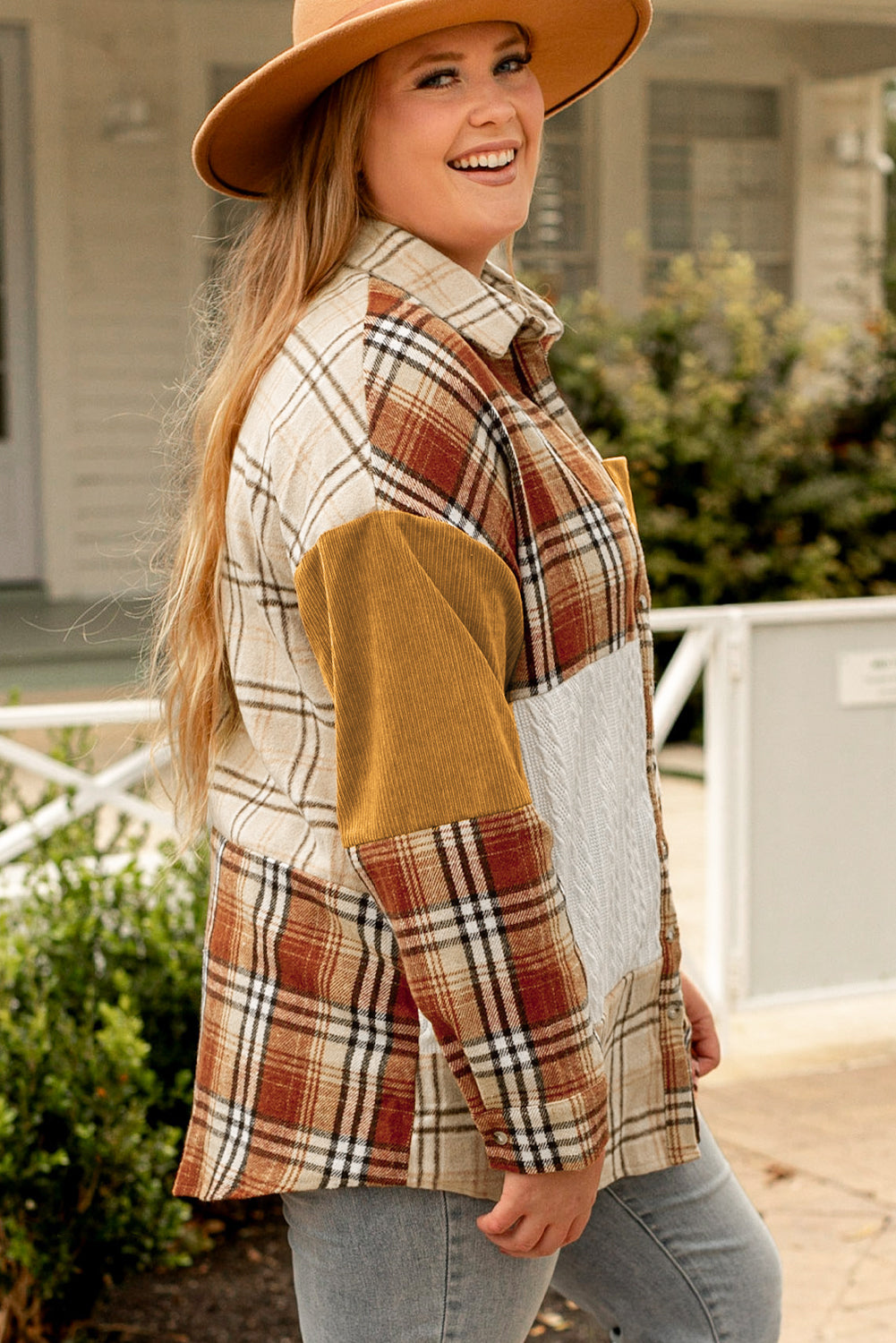 Boho Lane Australia Golden Apricot Plus Size Plaid Patchwork Button up Shacket