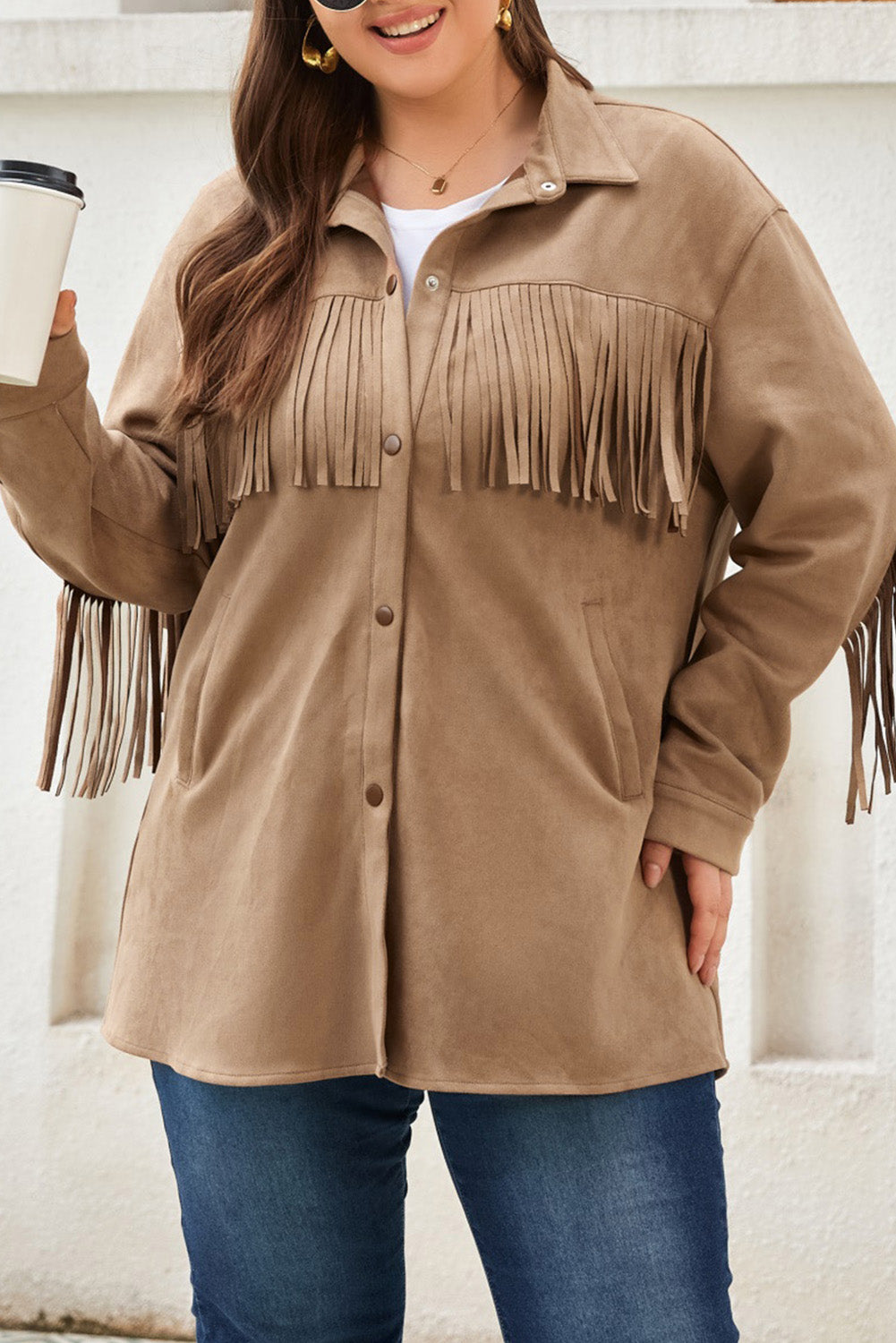 Boho Lane Australia Khaki Fringe Trim Plus Size Suede Shacket