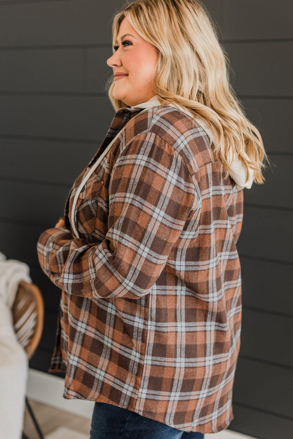 Boho Lane Australia Brown Plus Size Plaid Contrast Button up Hooded Jacket