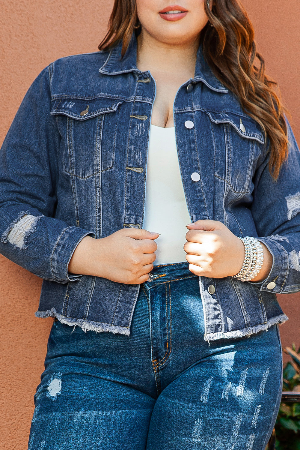 Boho Lane Australia Dark Blue Plus Size Distressed Flap Pocket Denim Jacket