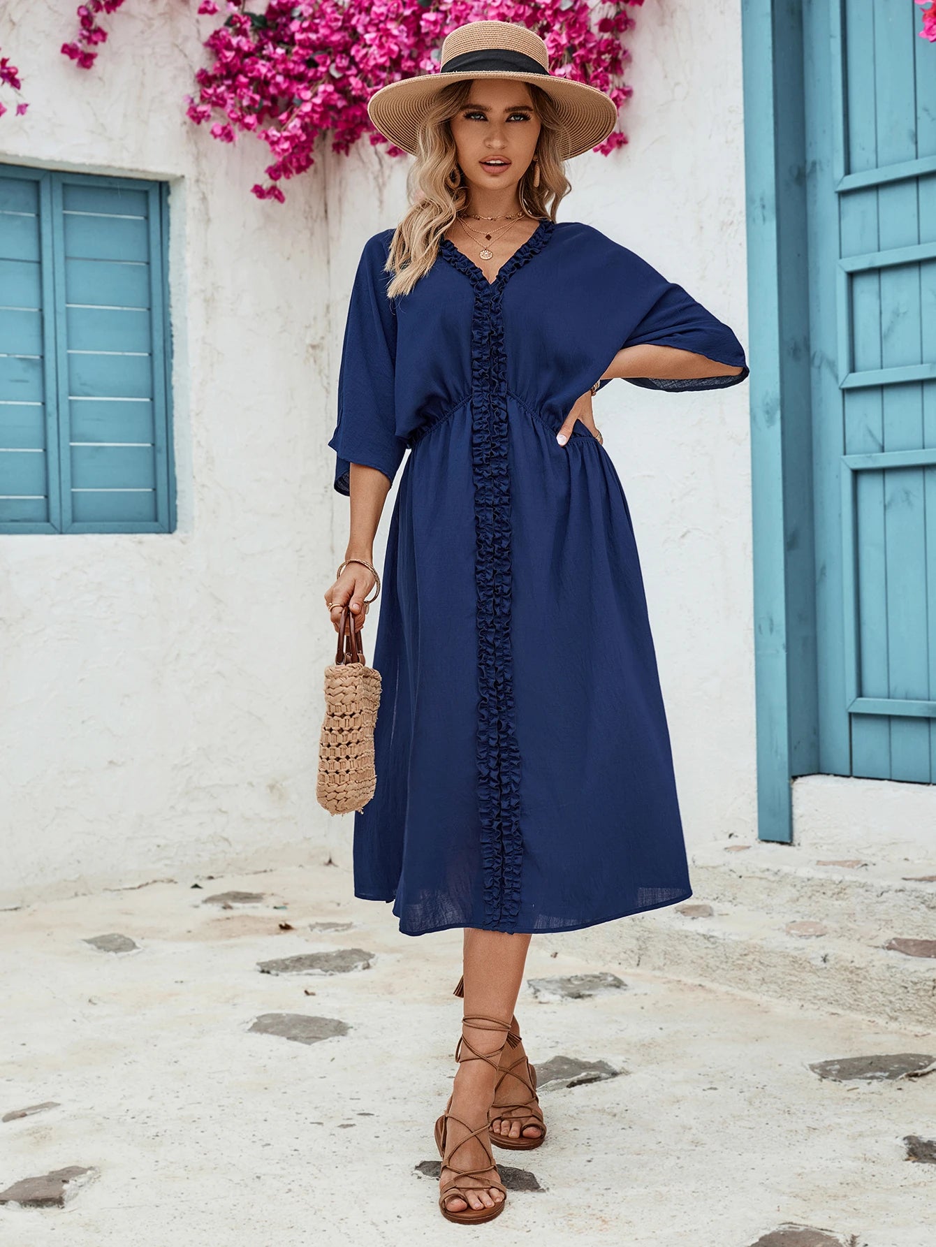 Azraq Font Lace V-neck Solid Blue Midi