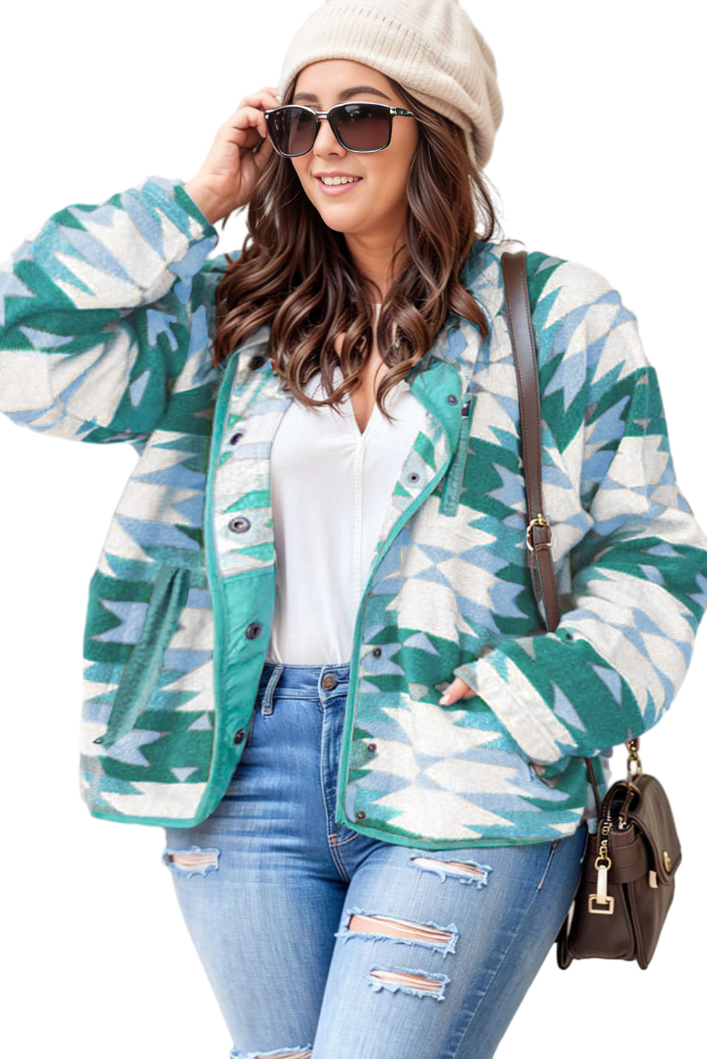 Boho Lane Australia Green Geometric Aztec Pattern Plus Size Fleece Jacket