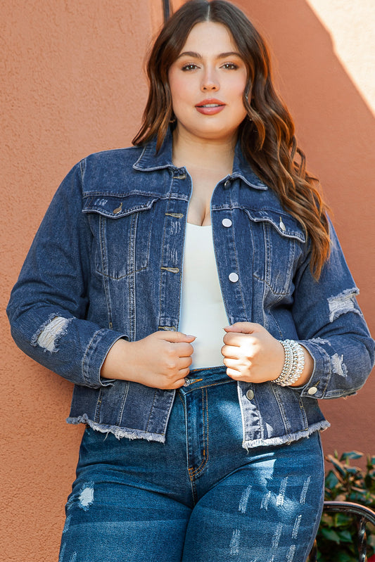 Boho Lane Australia Dark Blue Plus Size Distressed Flap Pocket Denim Jacket