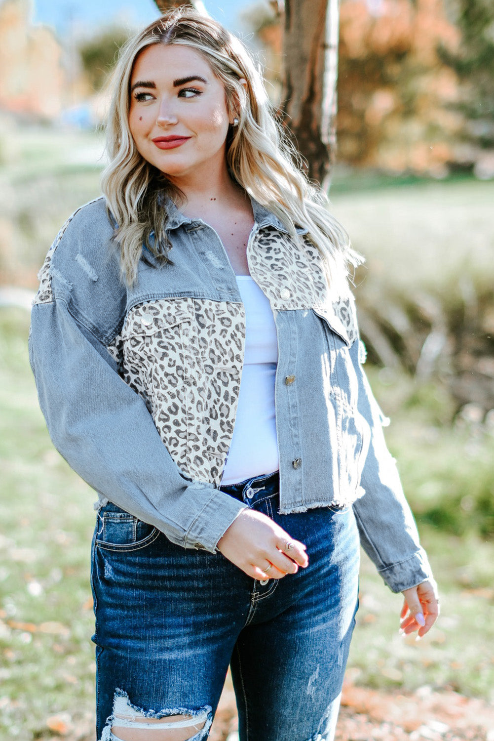 Boho Lane Australia Blue Plus Size Leopard Ripped Cropped Denim Jacket