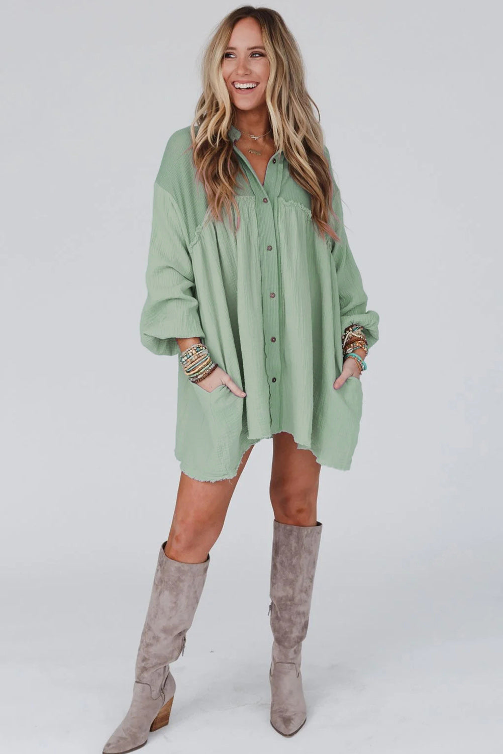 Green Patchwork Crinkle Puff Sleeve Shirt Dress