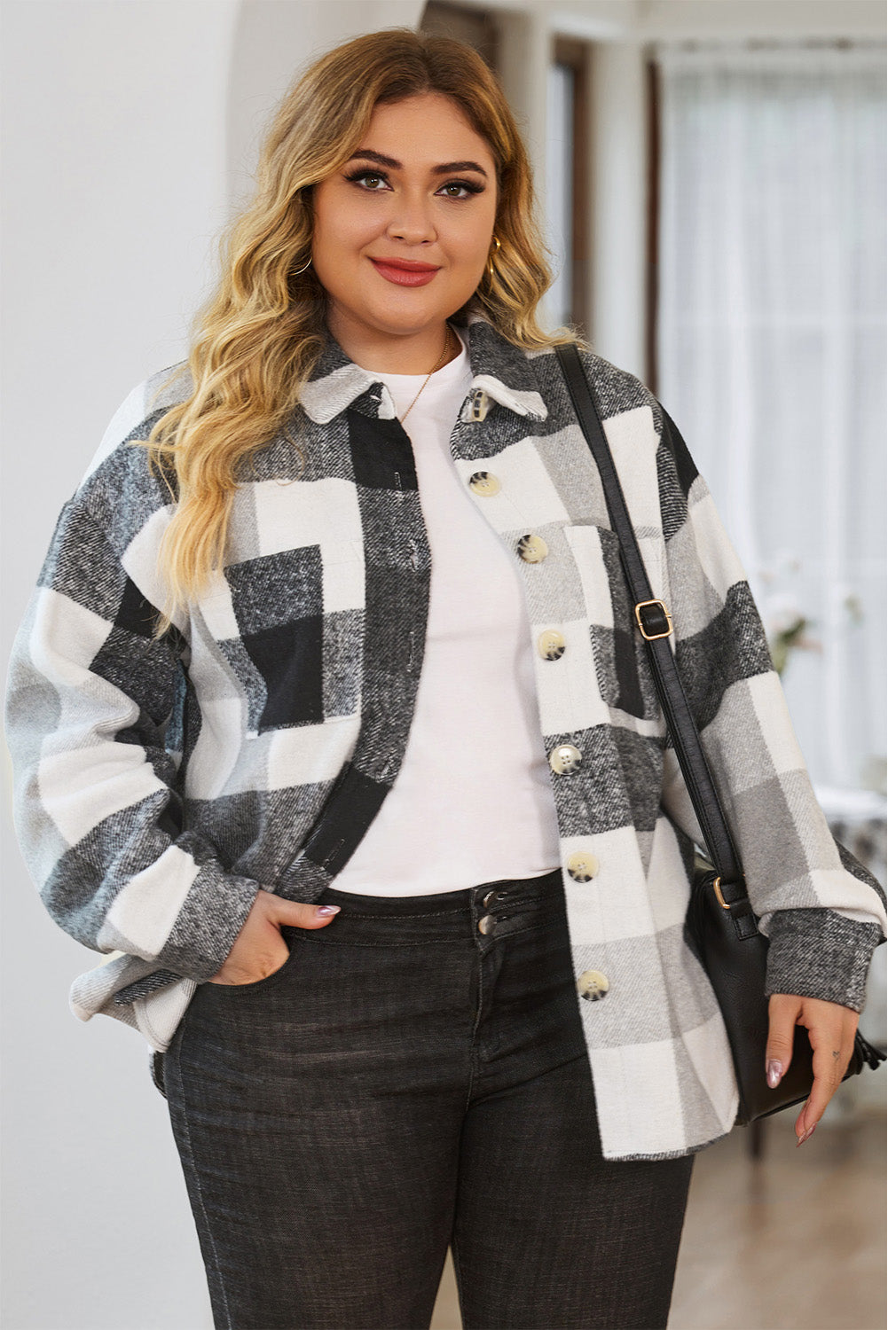 Boho Lane Australia Gray Plus Size Checkered Button-Up Shacket