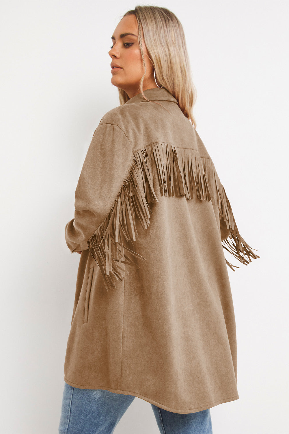 Boho Lane Australia Khaki Fringe Trim Plus Size Suede Shacket