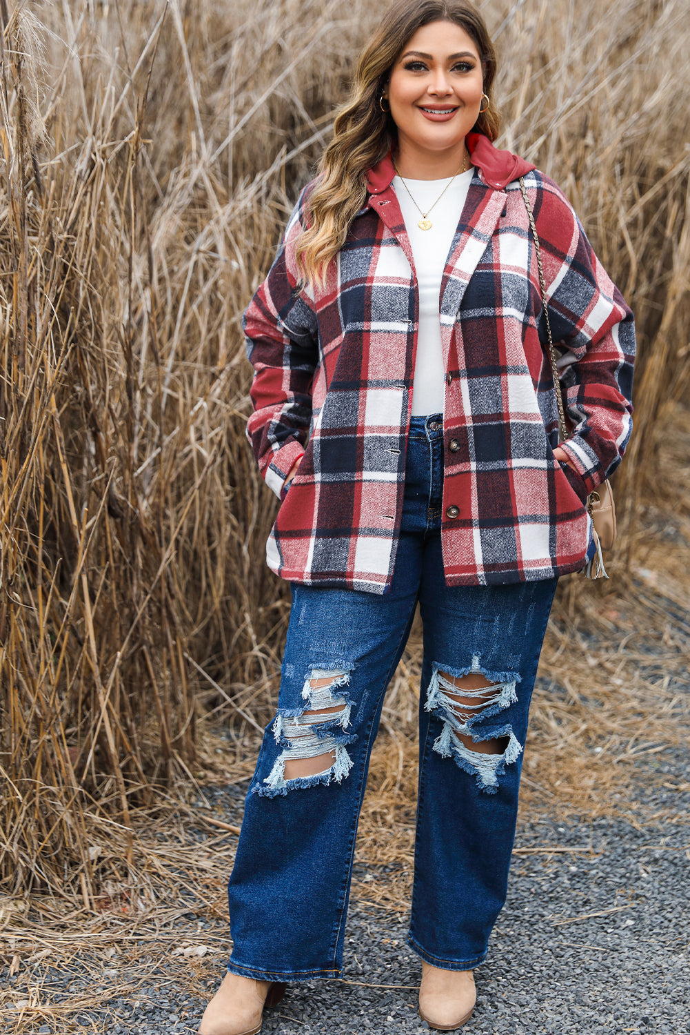 Boho Lane Australia Red Printed Plus Size Plaid Button up Hooded Jacket