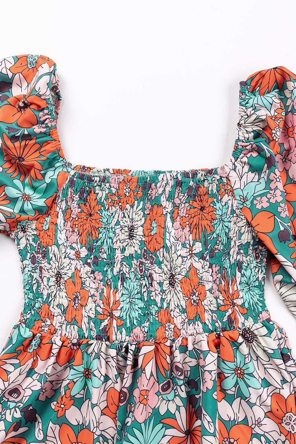 Printed Floral Print Smocked Puff Sleeve Peplum Blouse