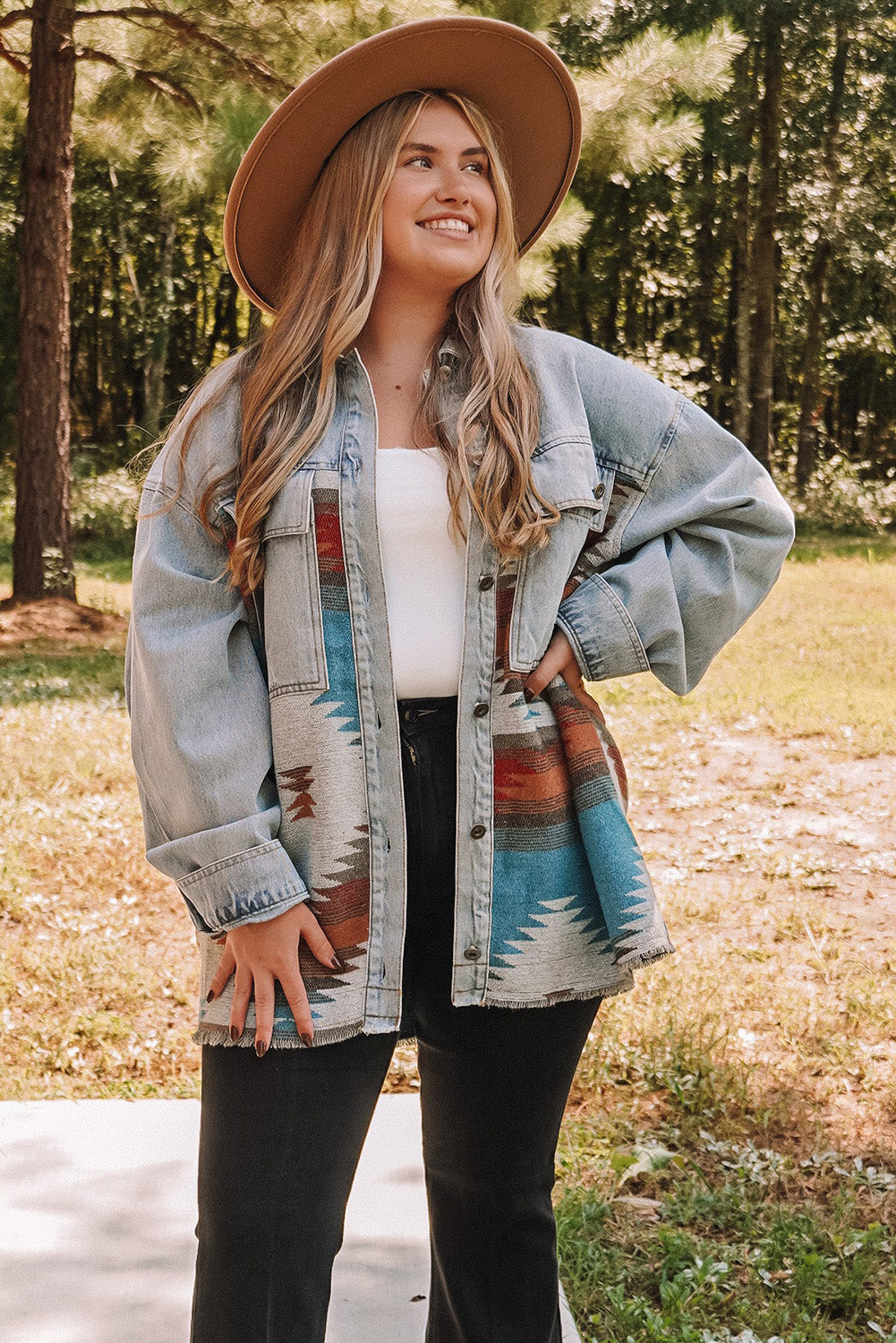 Boho Lane Australia Sky Blue Plus Size Denim Aztec Jacket