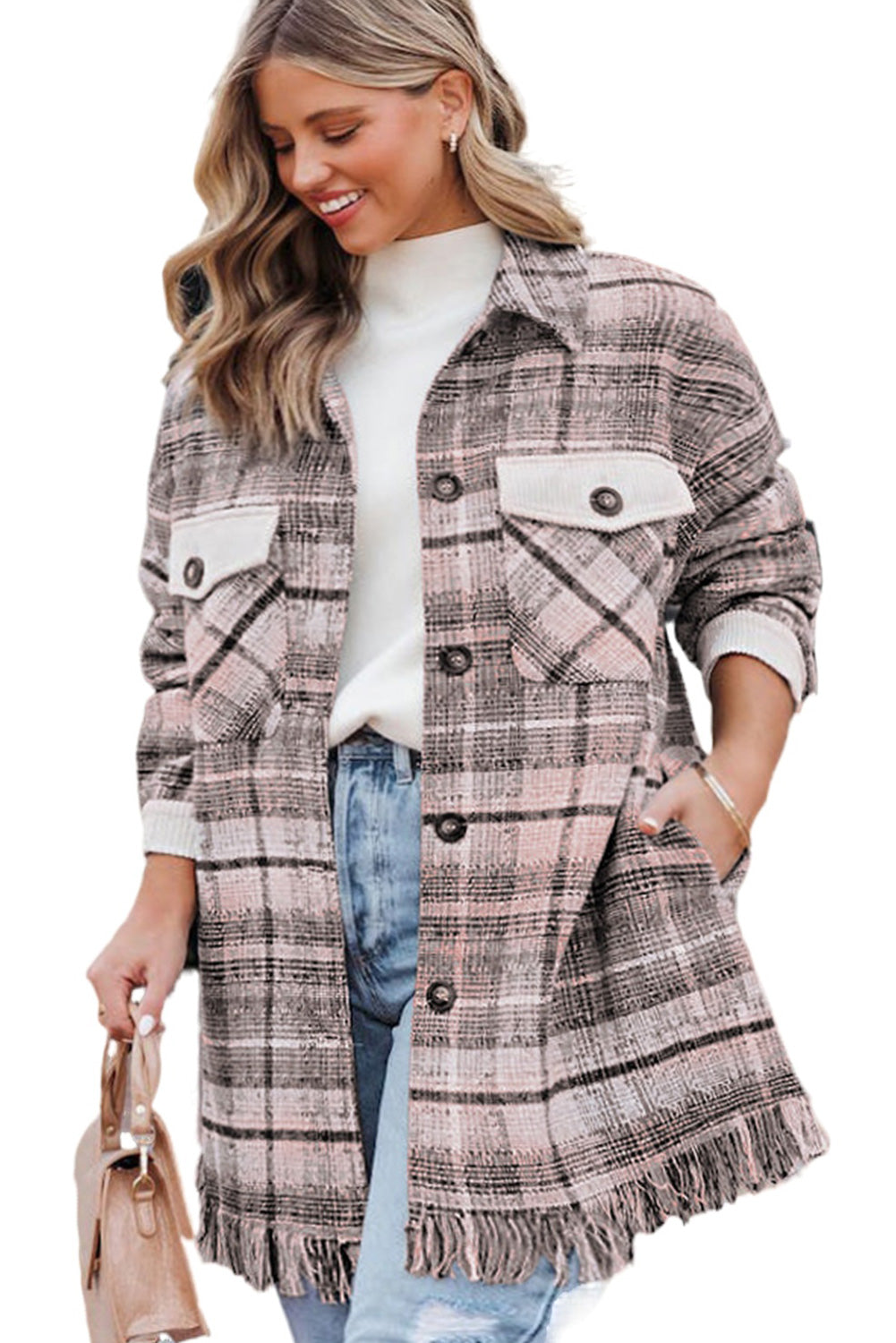 Boho Lane Australia Pink Plus Size Macrame Plaid Coat