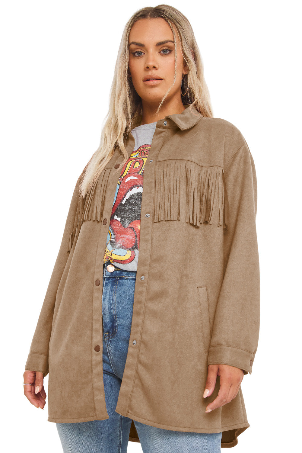 Boho Lane Australia Khaki Fringe Trim Plus Size Suede Shacket