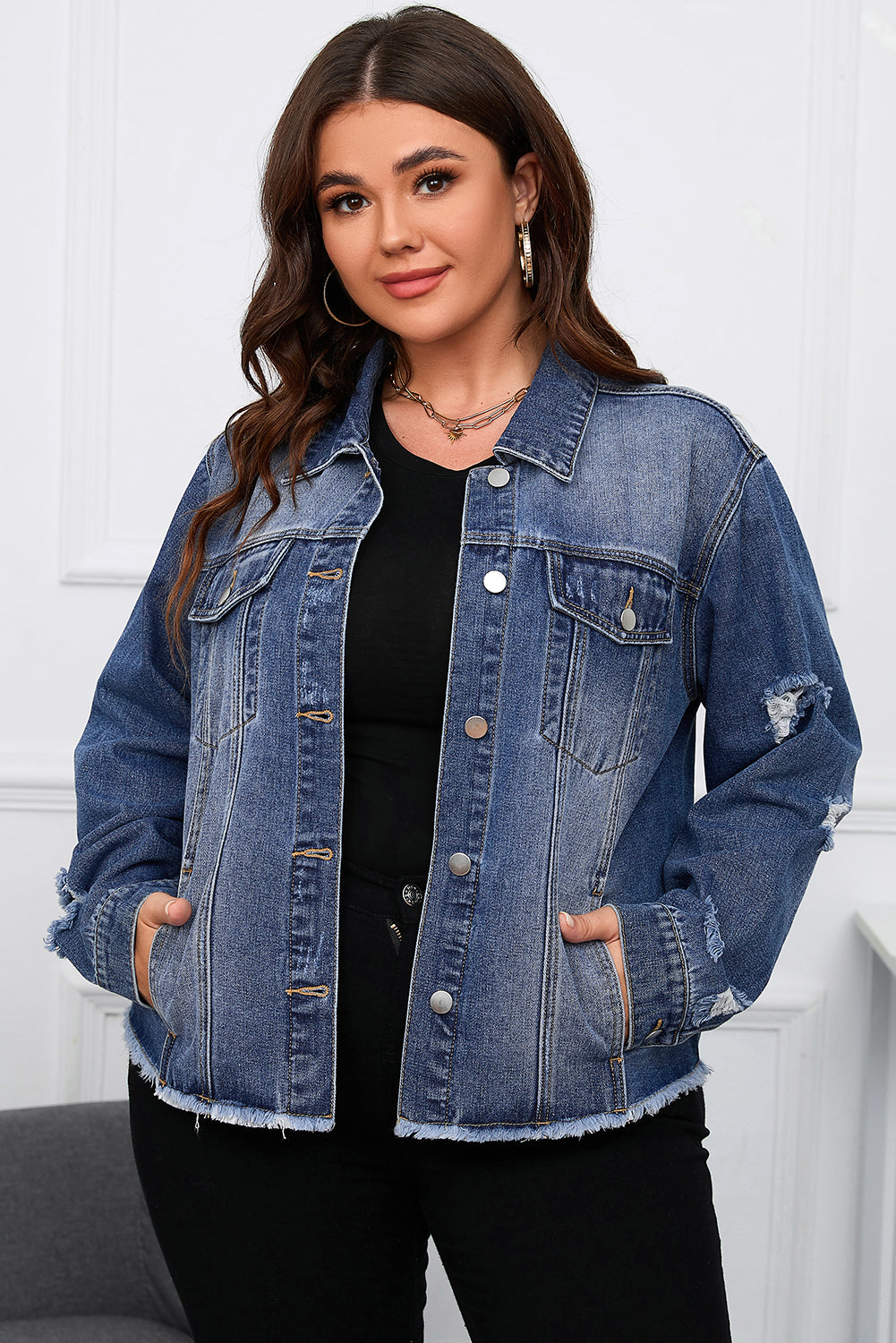 Boho Lane Australia Dark Blue Plus Size Distressed Flap Pocket Denim Jacket