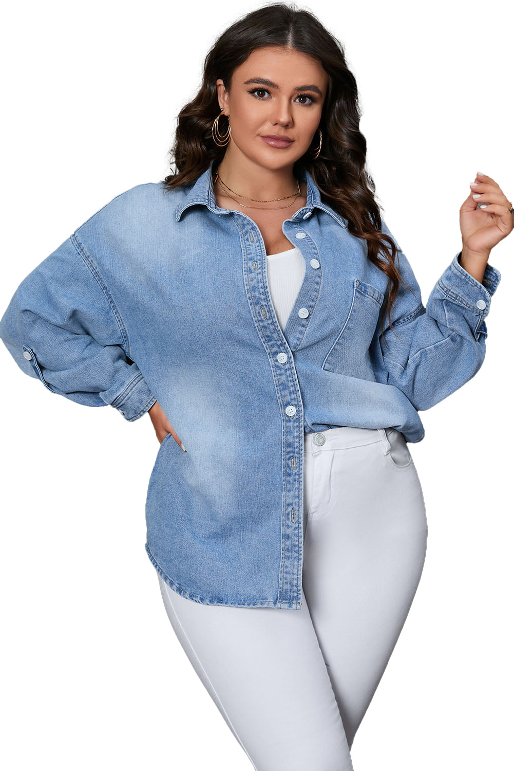 Boho Lane Australia Sky Blue Plus Size Chest Pocket Button-Up Denim Shacket