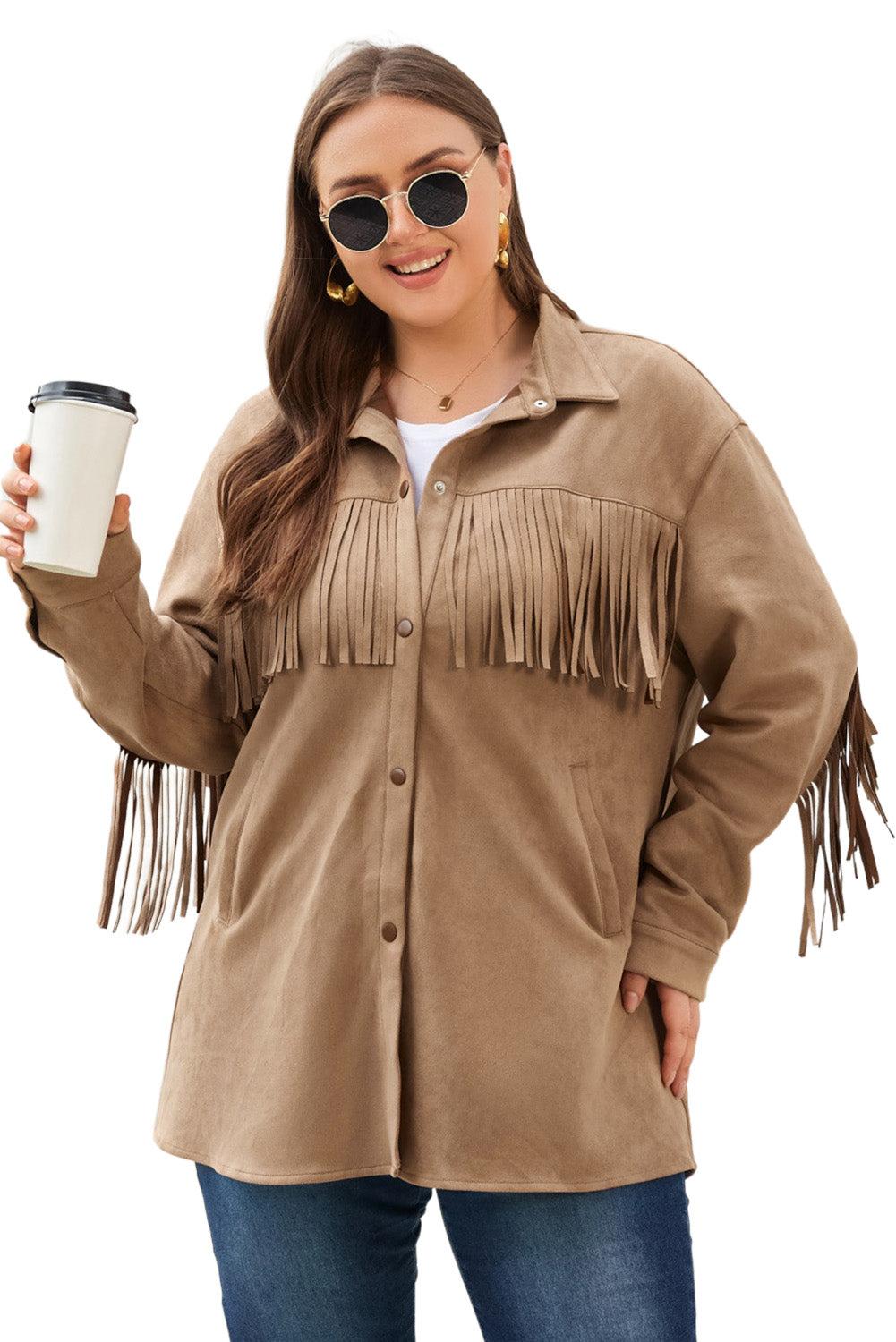 Boho Lane Australia Khaki Fringe Trim Plus Size Suede Shacket