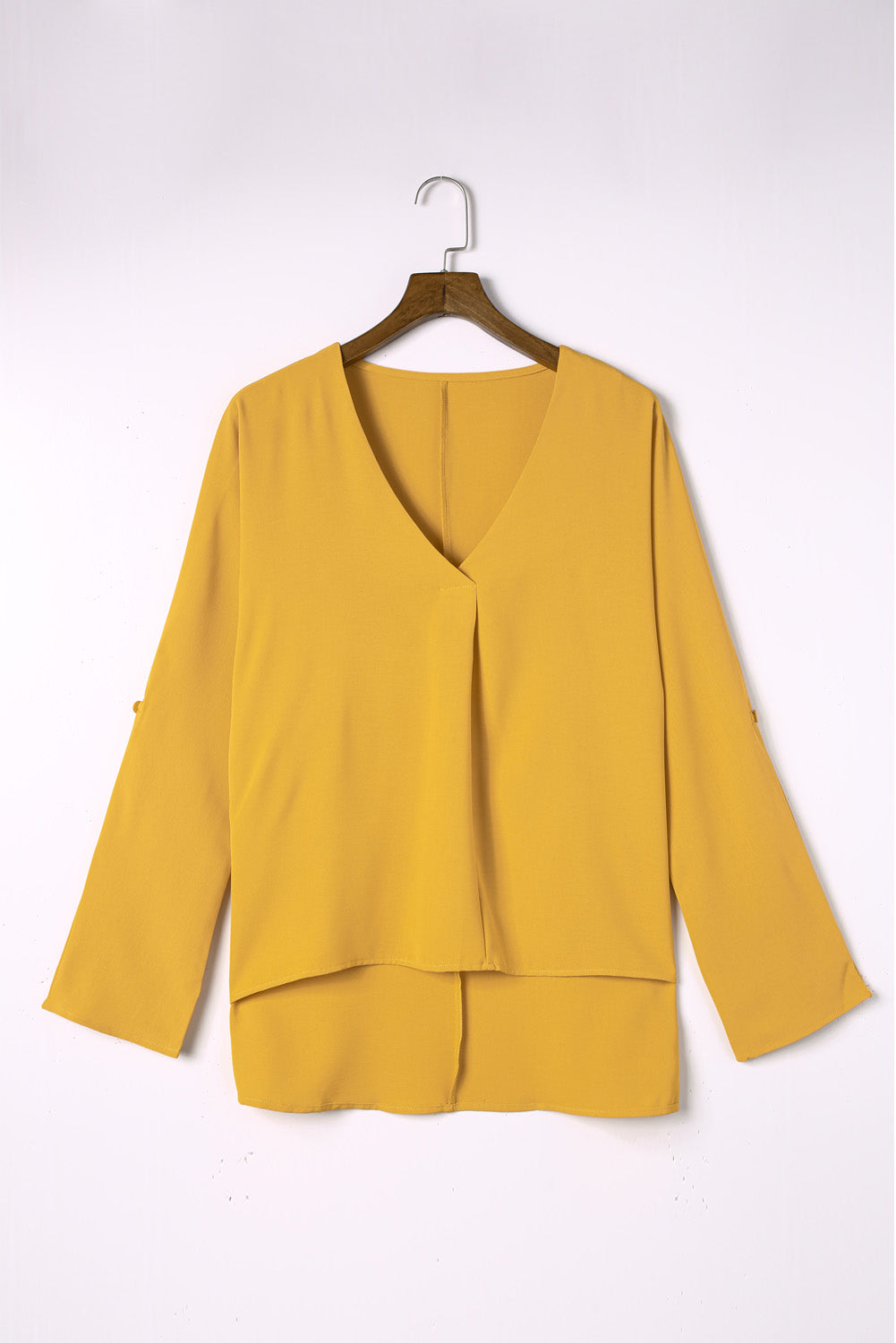 Yellow V Neck 3/4 Sleeve High Low Hem Shirt