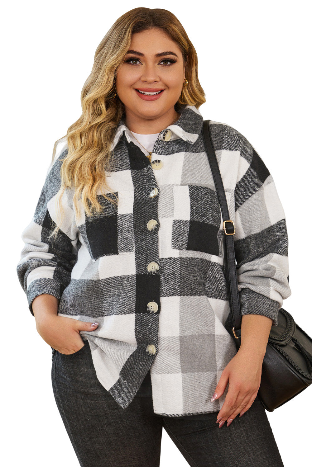 Boho Lane Australia Gray Plus Size Checkered Button-Up Shacket