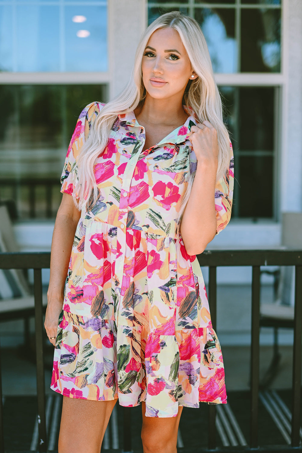 Multicolor Floral Print Short Sleeve Shirt Dress